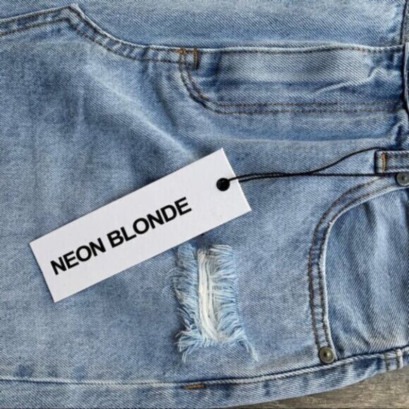 NEON BLONDE Denim Jean Mini Skirt Distressed High Waist Light wash Blue Size 25 - Picture 11 of 16